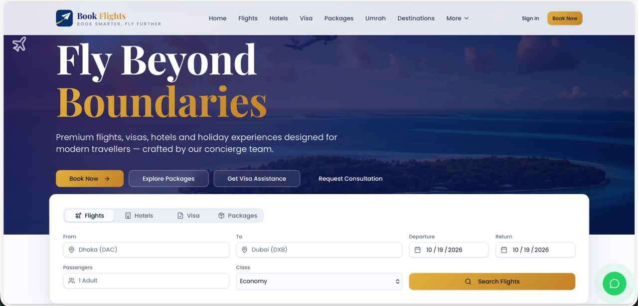 Travel website interface design with flight search fields for origin, destination, dates, passengers and cabin class.