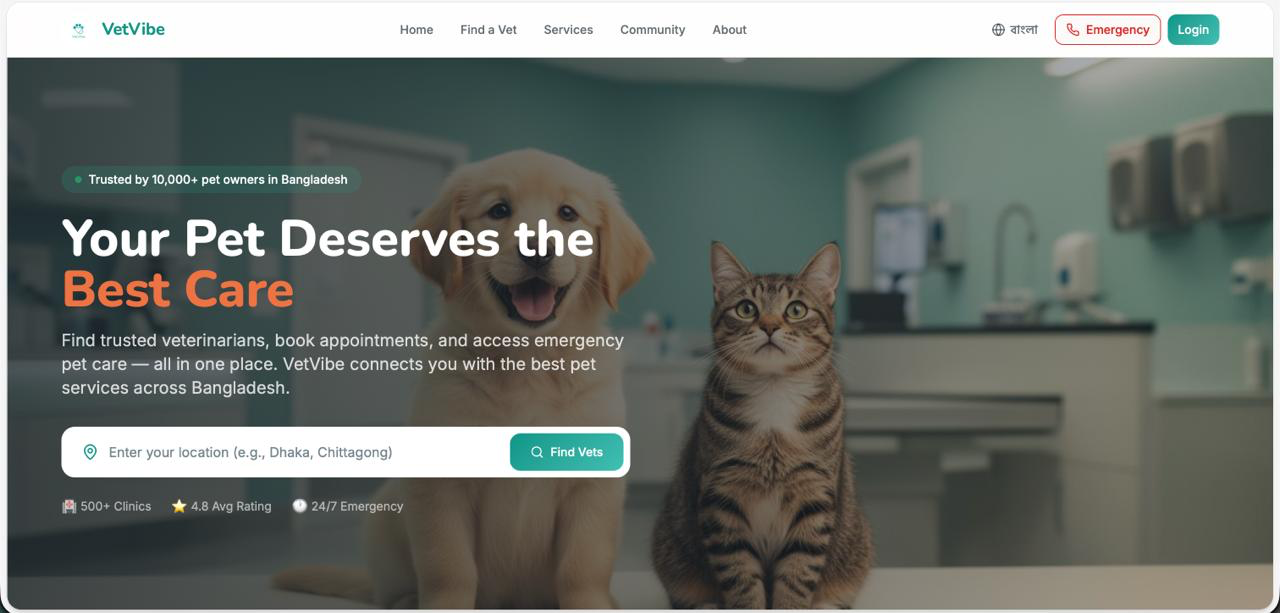 Veterinary website interface design with dog and cat imagery, location search and pet-care service navigation.